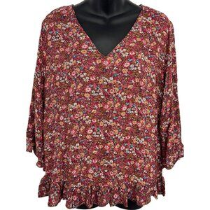 Rose Thyme Top Blouse XL Extra Large Maroon Floral 3/4 Sleeve Ruffle V-Neck New